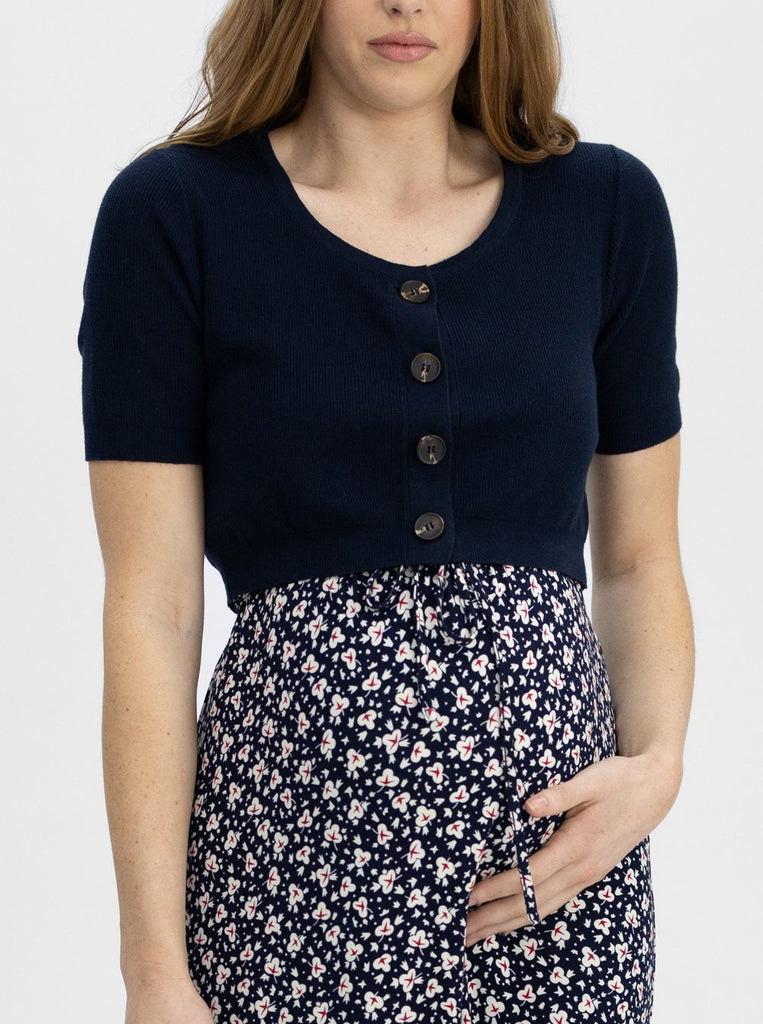 Front view - Short sleeve Maternity and Postnatal Cardigan in Navy (4802026930270)