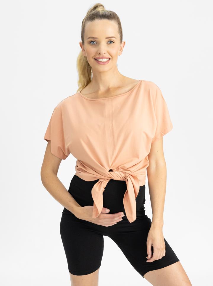 Front view 2 - Reversible Maternity Tee Top in Peach - tied (4802026668126)