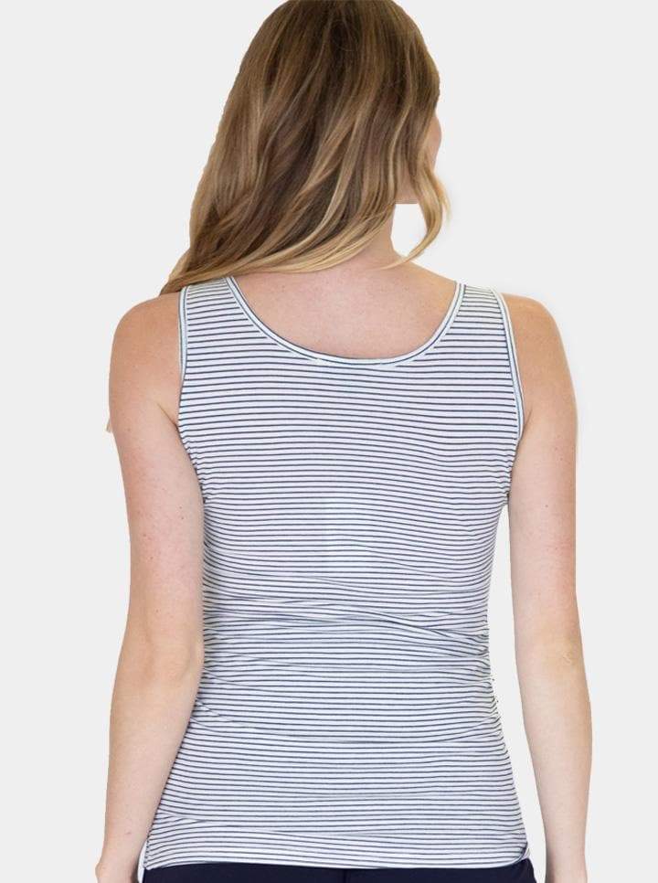 Back view - Nursing Sleeveless Pull Up Tank Top - Navy/Black Stripes (1637770428510)