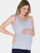 Side view - Nursing Sleeveless Pull Up Tank Top - Navy/Black Stripes (1637770428510)