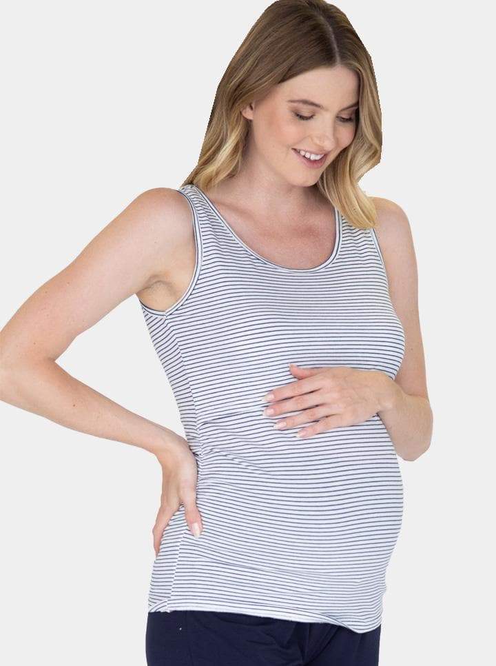 Side view - Nursing Sleeveless Pull Up Tank Top - Navy/Black Stripes (1637770428510)