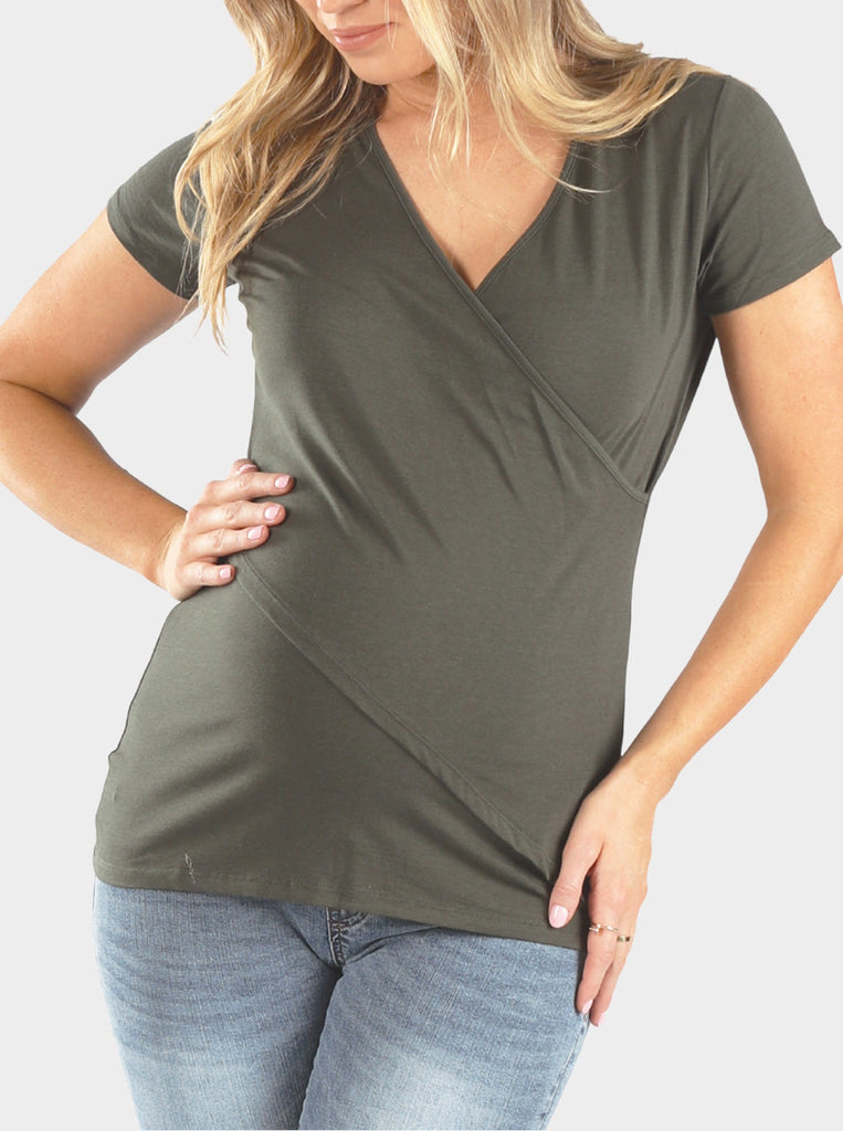 Maternity & Nursing Crossover Short Sleeve Tee in Khaki - Angel Maternity - Maternity clothes - shop online (6660553539678)