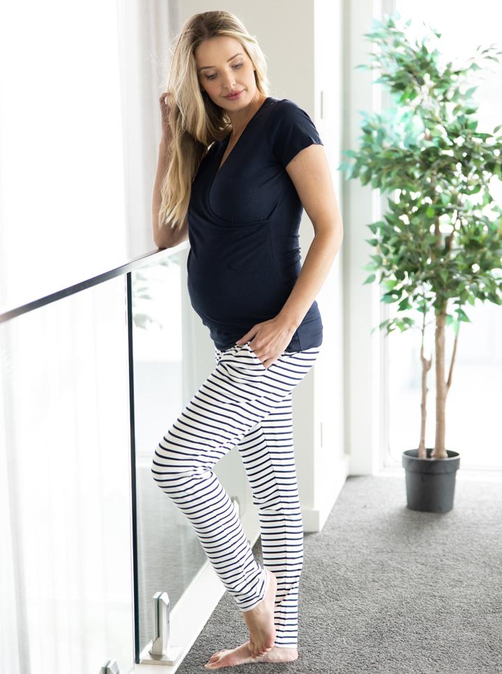 Main view - "Home to Street" Maternity Wear Set - Black Top & Navy Stripes Pants (4801471479902)