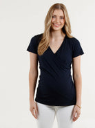 Main view - Short Sleeve Nursing Friendly  Bamboo Maternity Crossover Black Top (4801468399710)