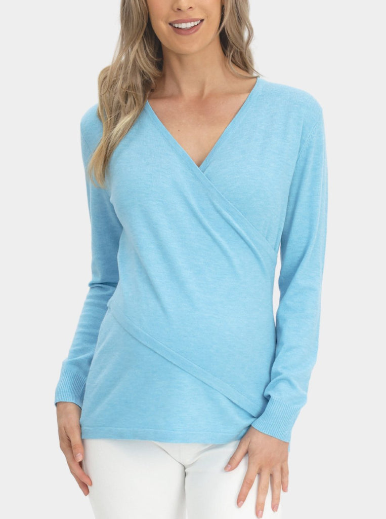 Front view - Maternity Crossover Nursing Long Sleeve Top in See Blue (6618523697246)
