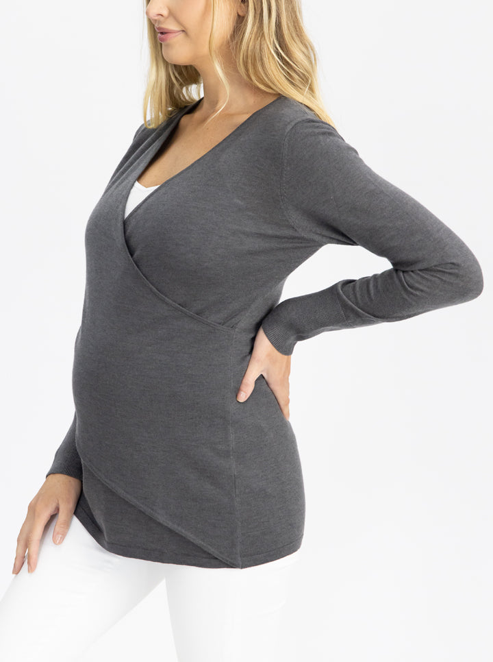 Maternity Merino Wool Knit Long Sleeve Top - Charcoal side image (4754233327710)