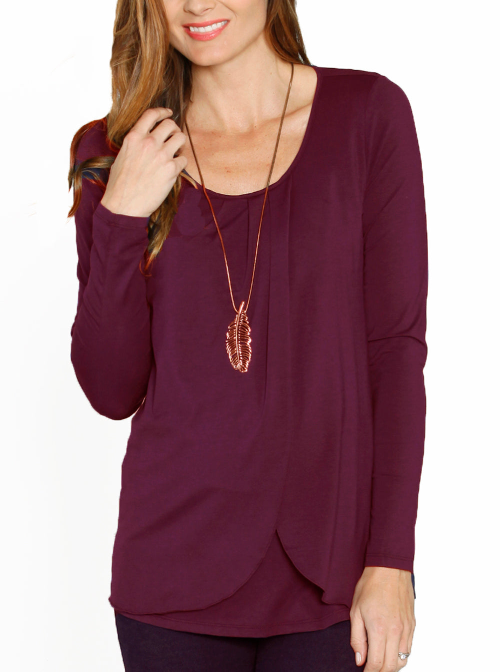 Petal Front Long Sleeve Nursing Top - Deep Plum - Angel Maternity USA (1580642664542)