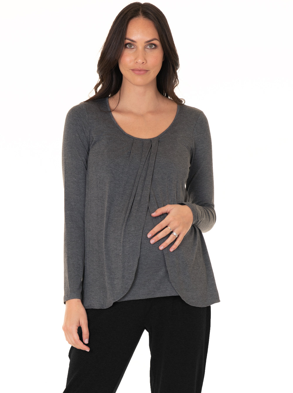 Front view - Petal Front Maternity Long Sleeve Nursing Top - Grey (4158750163038)