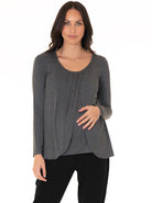 Front view - Petal Front Maternity Long Sleeve Nursing Top - Grey (4158750163038)