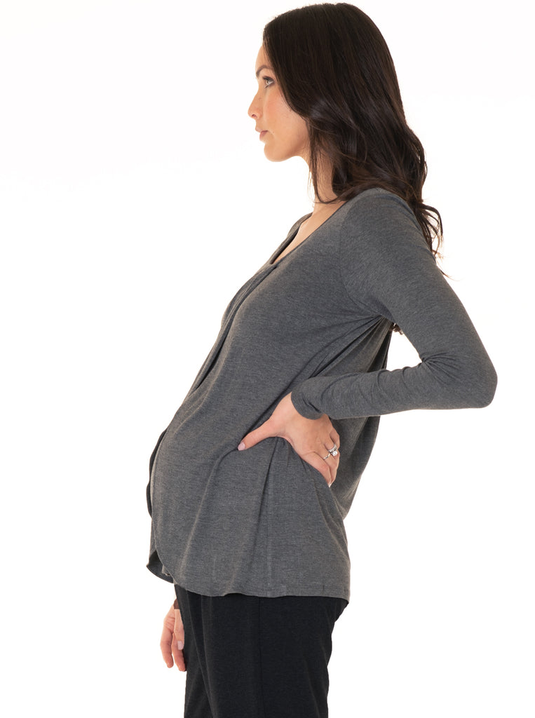 Side view - Petal Front Maternity Long Sleeve Nursing Top - Grey (4158750163038)