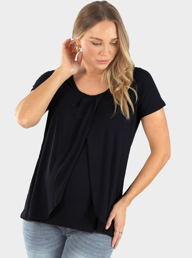 Maternity & Nursing Petal Front Short Sleeve Top in Black - Angel Maternity - Maternity clothes - shop online (6640278306910)