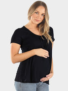Maternity & Nursing Petal Front Short Sleeve Top in Black - Angel Maternity - Maternity clothes - shop online (6640278306910)