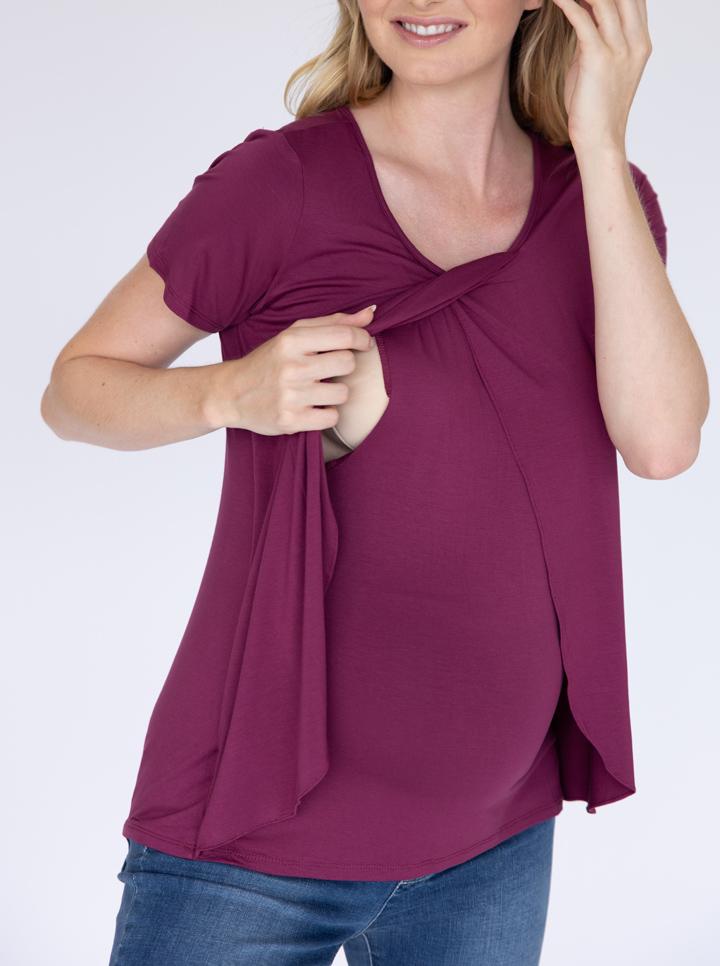 Petal Front Short Sleeve Nursing Friendly Maternity Top in Plum (4828435644510)