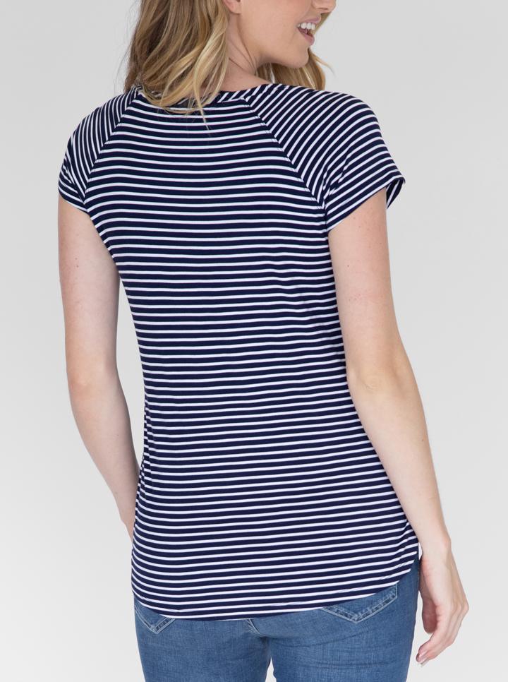 Back view - Maternity Petal Front Short Sleeve Nursing Top in Navy Stripes (4802020147294)