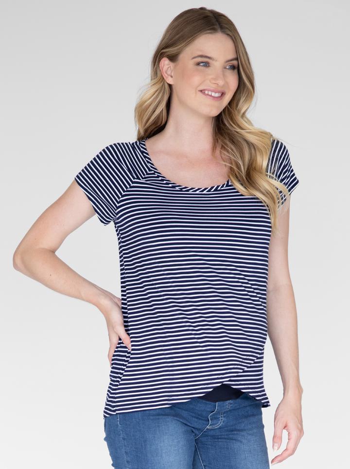 Front view - Maternity Petal Front Short Sleeve Nursing Top in Navy Stripes (4802020147294)