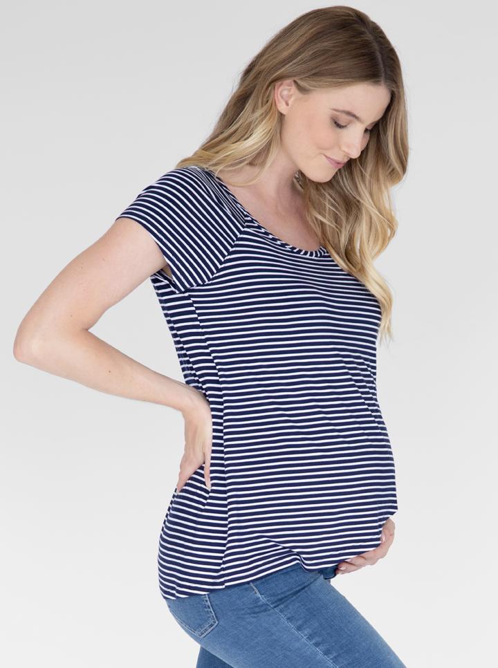 Main view - Maternity Petal Front Short Sleeve Nursing Top in Navy Stripes (4802020147294)