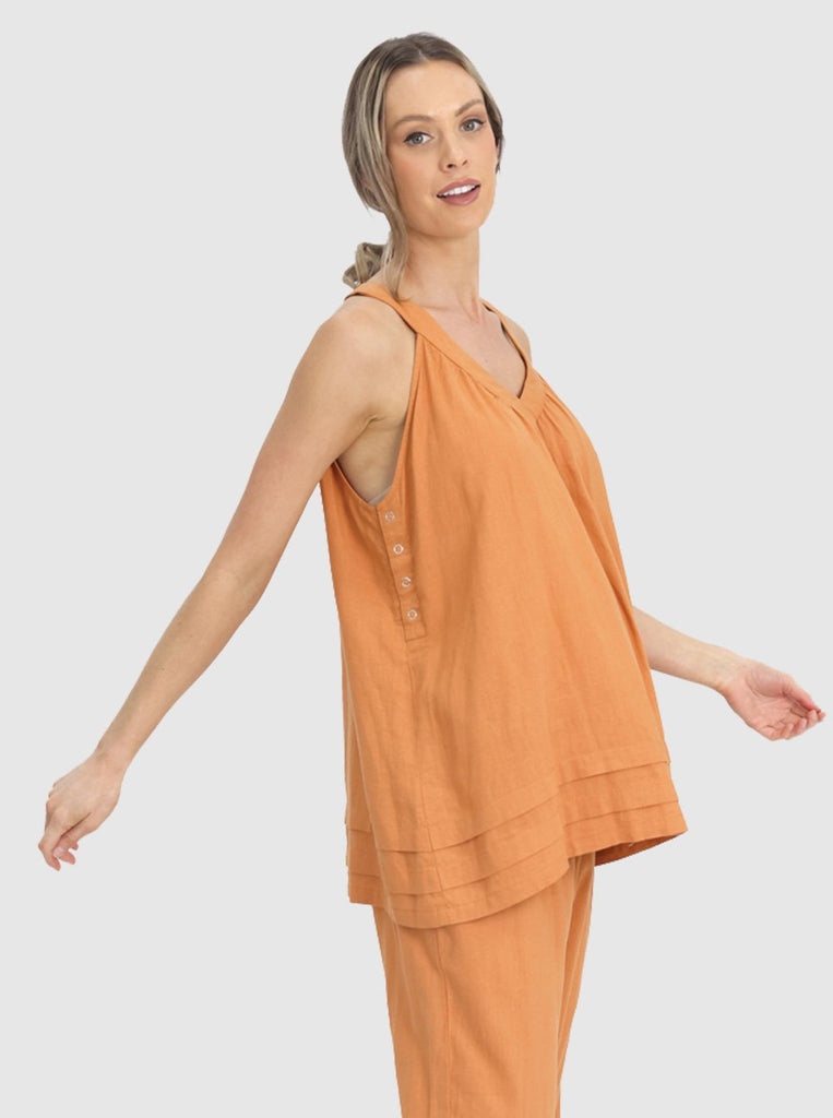 Side view - Maternity Sleeveless Linen Summer Top in Orange (6640781590622)