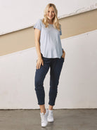 Full view - A Pregnant Woman in Basic Ice Blue Short Sleeve Maternity Cotton T-shirt (6708951613543)