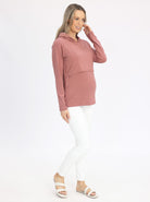 Full view - Maternity & Nursing Hoodie in Dusty Pink with white pants (6636237258846)