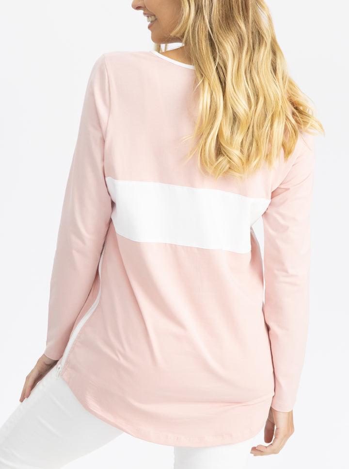 Back view - Maternity and Nursing Long Sleeve T-Shirt in Pink and White (4791693934686)