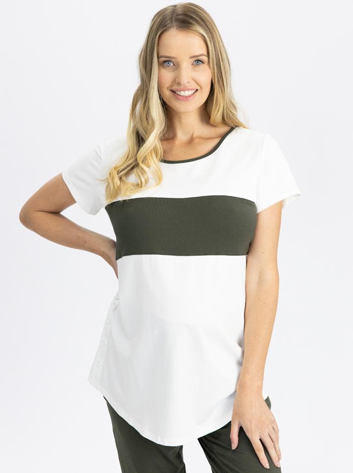 Front view - "Home to Street" Maternity Top in Khaki Green & white (4801471545438)