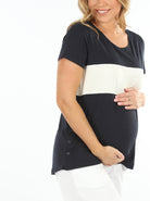 Side view - Navy Maternity and Nursing Cotton T-Shirt (6663267876958)