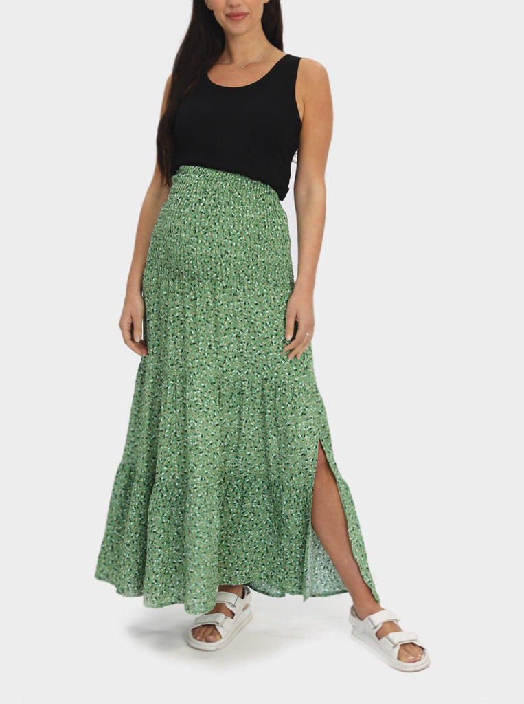 Front view with top - Strapless Maternity Shirred Maxi Dress in Green Floral Print (6639690874974)