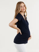 Side view - Short Sleeve Nursing Friendly  Bamboo Maternity Crossover Black Top (4801468399710)