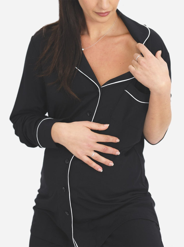 Maternity and Nursing Long Sleeve Pyjama Set in Black (6618547159134)