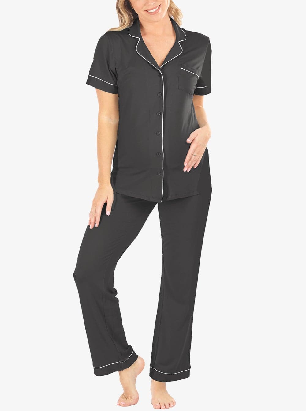 Button Front Short Sleeve Black Maternity & Nursing Pajama Set