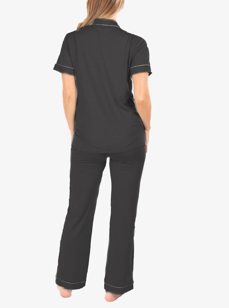 Back view - Maternity and Nursing short Sleeve Pajama Set in Black (6639705063518)