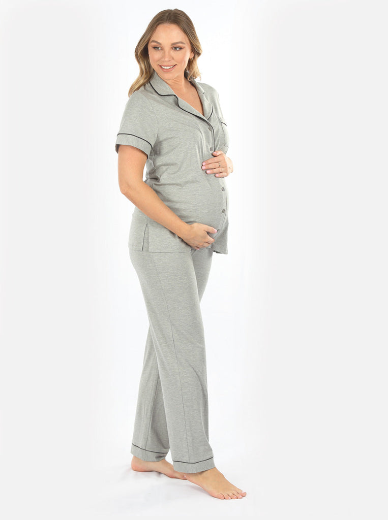 Maternity and Nursing short Sleeve Pyjama Set in Marl Grey Bamboo (6664047493214)