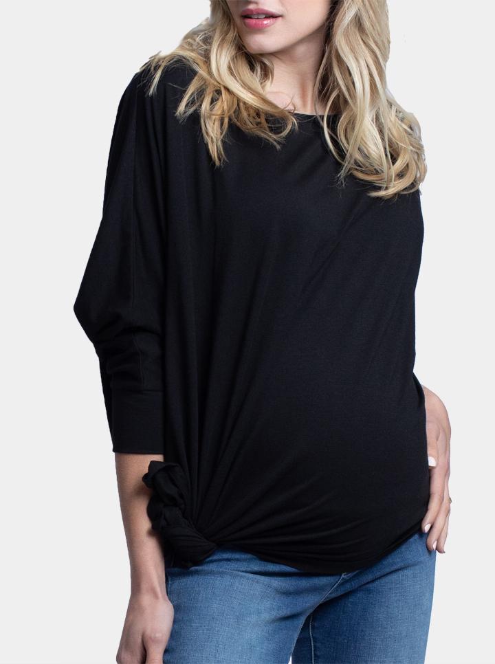 Front view - Loose Fit Oversize Maternity Black Tee  (4754174017630)