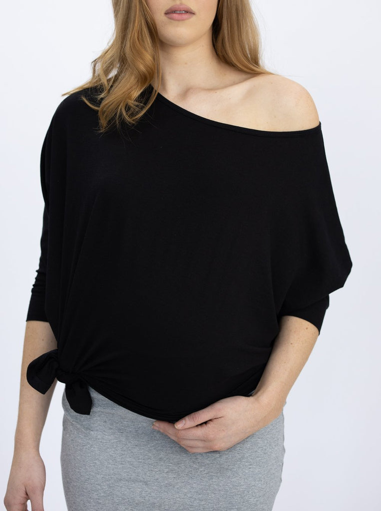 Front view - Loose Fit Oversize Maternity Black Tee  drop shoulder  (4754174017630)