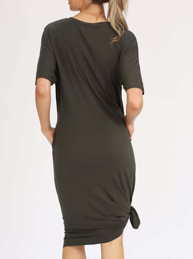 Back view - Mama Hospital Nightie, Long Length with Baby Pouch in Khaki (6621381886046)