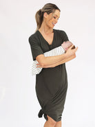 main view - Mama Hospital Nightie, Long Length with Baby Pouch in Khaki (6621381886046)