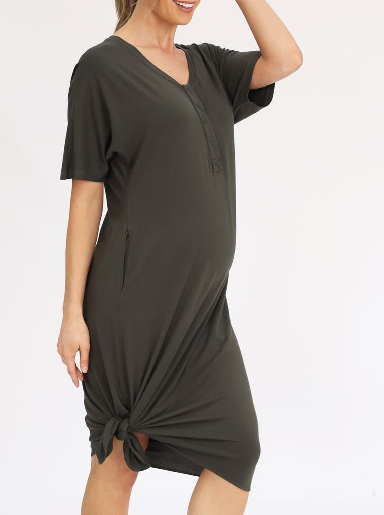Side view - Mama Hospital Nightie, Long Length with Baby Pouch in Khaki (6621381886046)