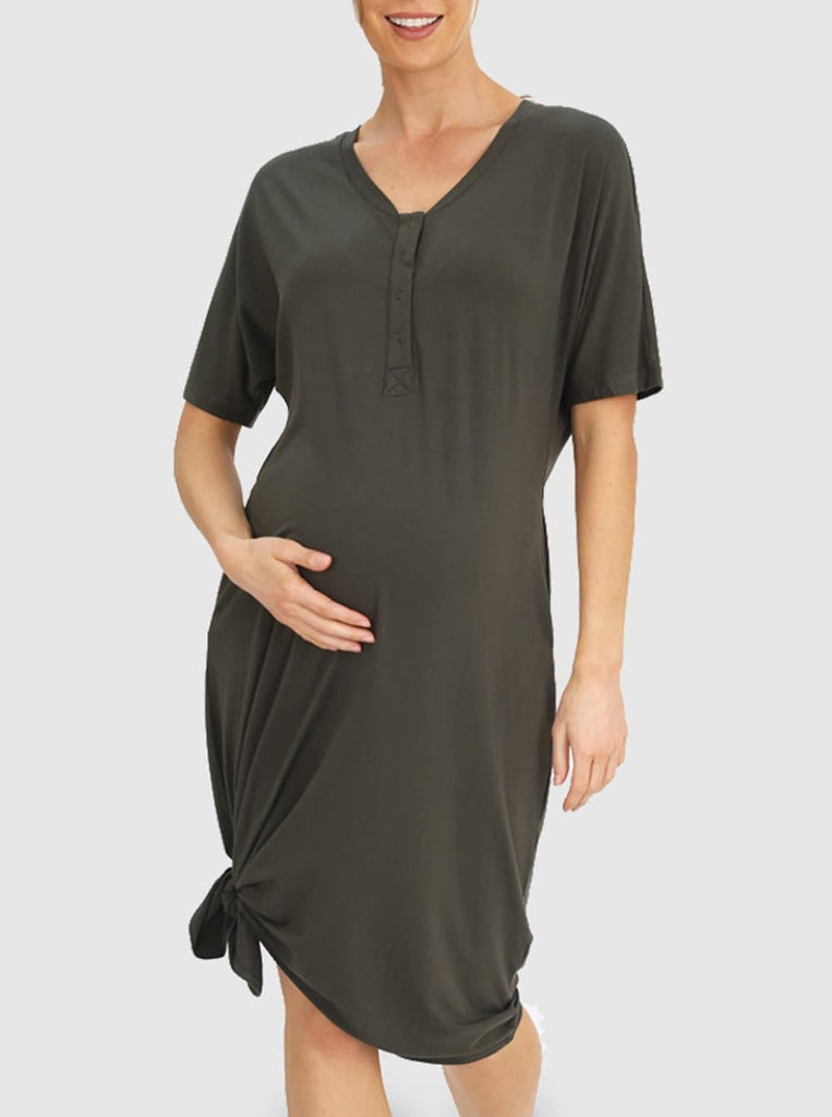Front view - Mama Hospital Nightie, Long Length with Baby Pouch in Khaki (6621381886046)