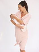 Mama Hospital Nightie, Long Length with Baby Pouch in Pink (6621381853278)