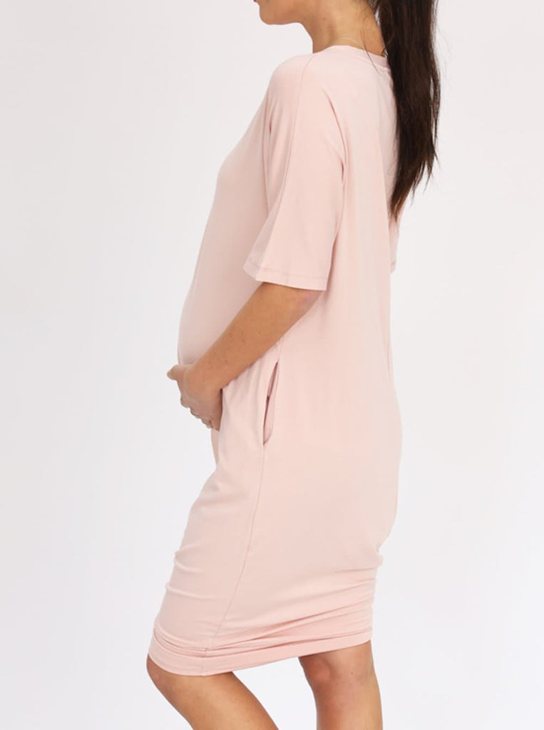 Mama Hospital Nightie, Long Length with Baby Pouch in Pink (6621381853278)
