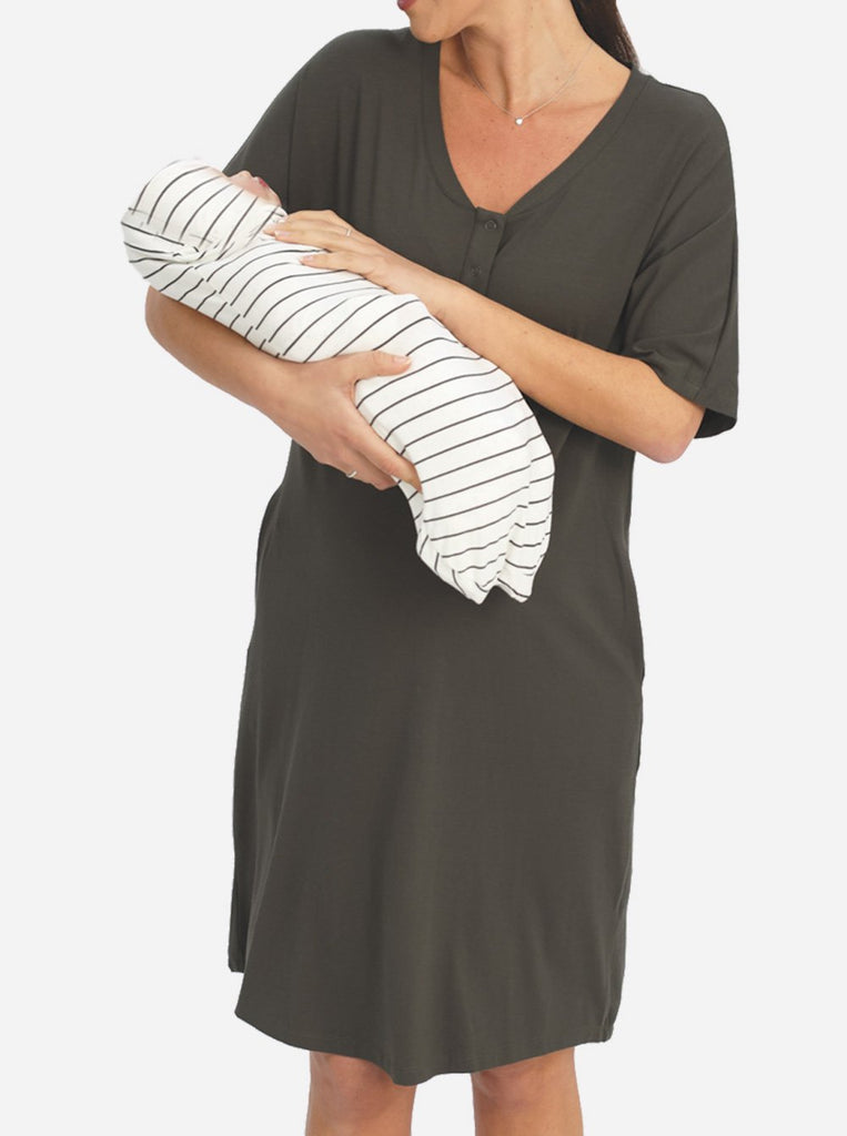 Mama Hospital Nightie, knee Length with Baby Pouch in Khaki - Angel Maternity - Maternity clothes - shop online (6640781033566)