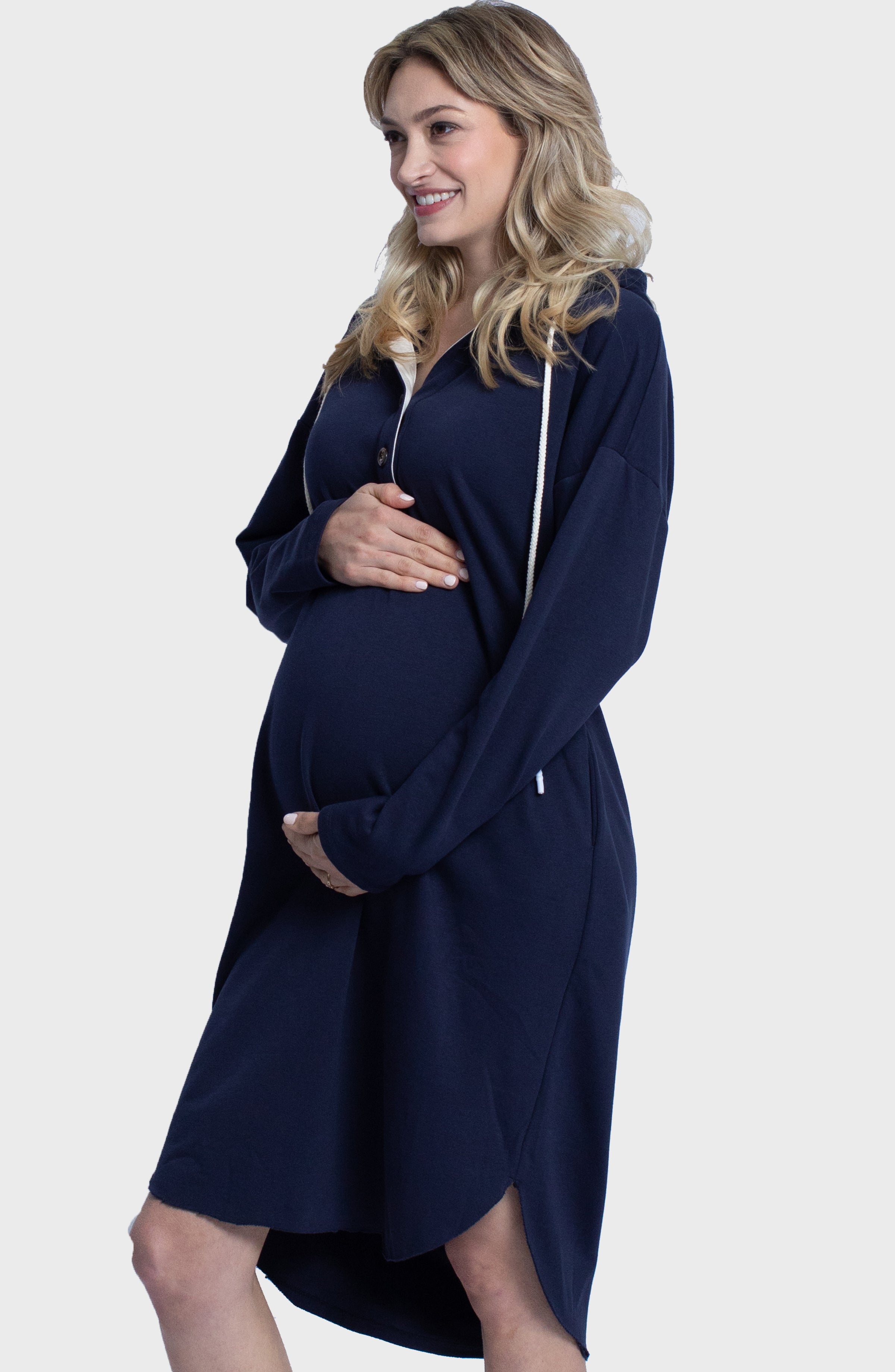 Maternity Oversize Hoodie Button Nursing Dress - Navy - Angel Maternity USA (4697184305246)