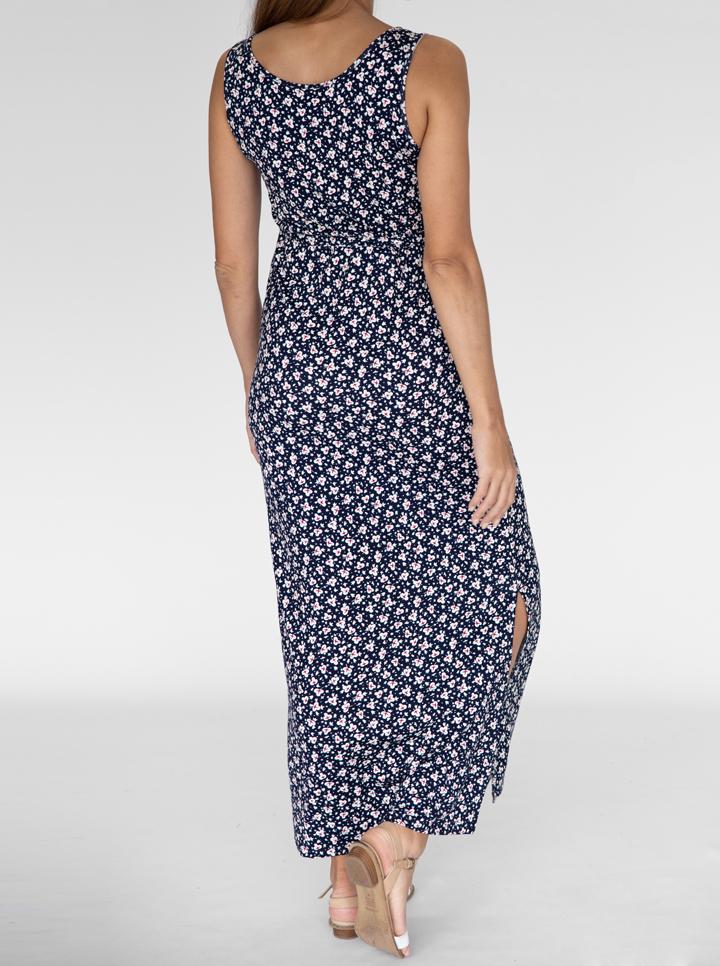 Back view - Button Front Sleeveless Nursing  Friendly Maternity Maxi Dress in Navy (4827650130014)