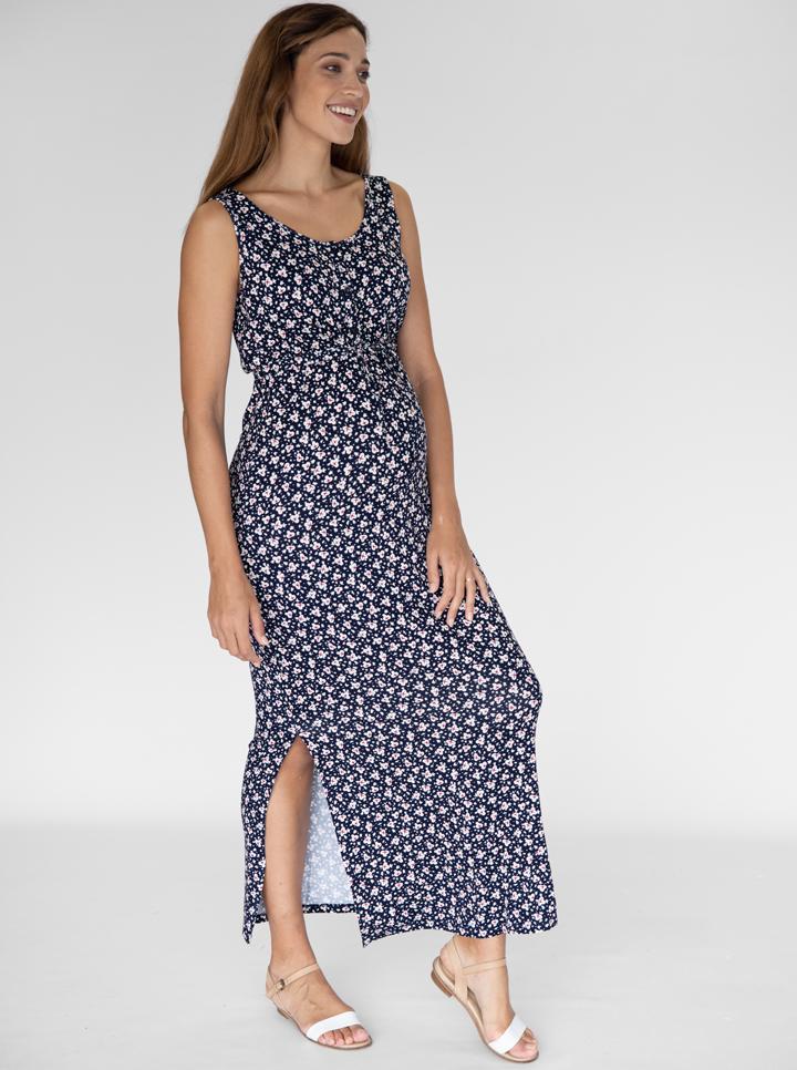 Full view front - Button Front Sleeveless Nursing  Friendly Maternity Maxi Dress in Navy (4827650130014)