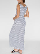 Back view - Sleeveless Maternity & Nursing Maxi Dress - White and Navy Stripes (4827650162782)