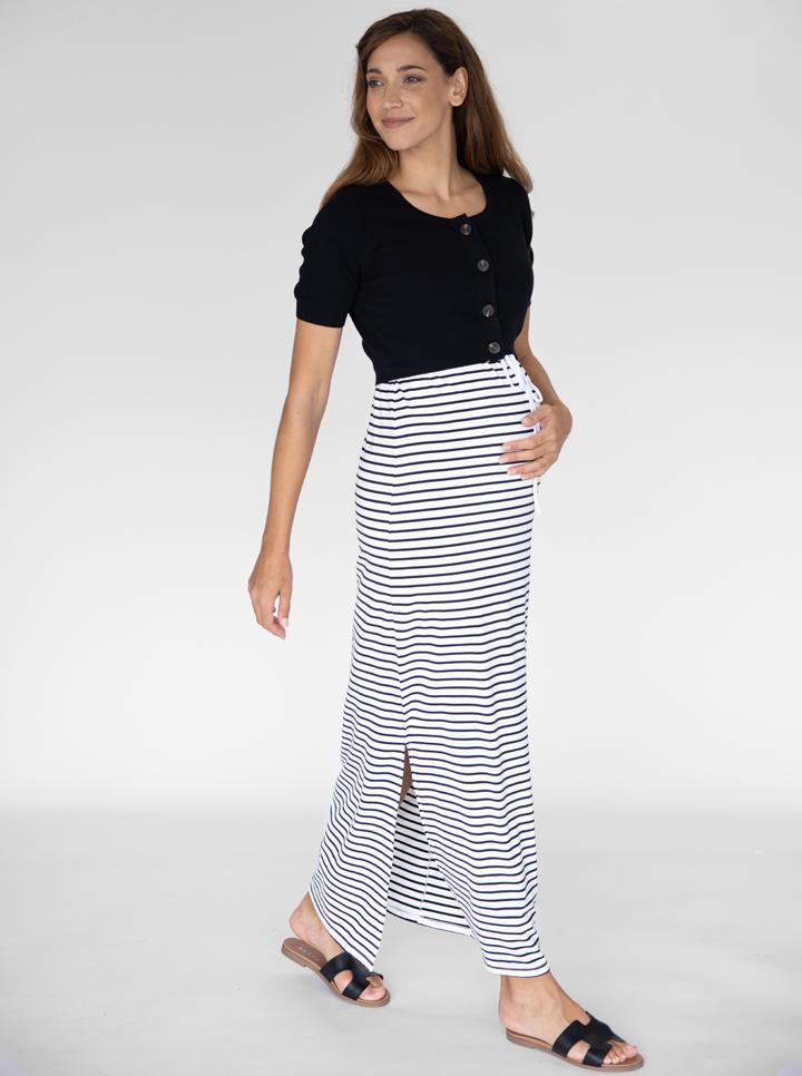 Sleeveless Maternity & Nursing Maxi Dress - White and Navy Stripes with black top (4827650162782)