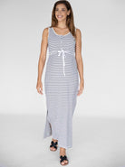 Full view - Sleeveless Maternity & Nursing Maxi Dress - White and Navy Stripes (4827650162782)