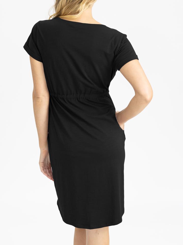 Back view - Maternity & Nursing Zipper Drawstring Dress in Black (4828537782366)