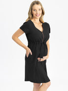 Side view - Maternity & Nursing Zipper Drawstring Dress in Black (4828537782366)