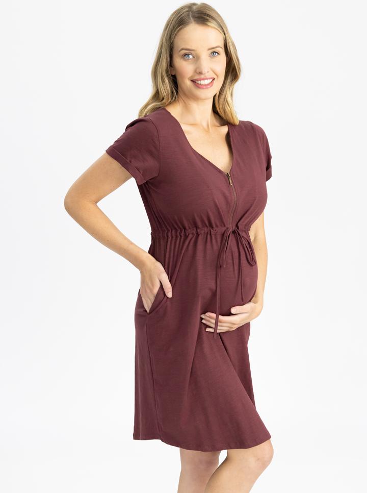 Side view - Zipper Drawstring Maternity & Nursing Dress in Burgundy (4801469055070)